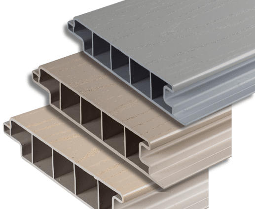 Premium ECO Polymer deck boards in Painswick Grey, Beige and Cream