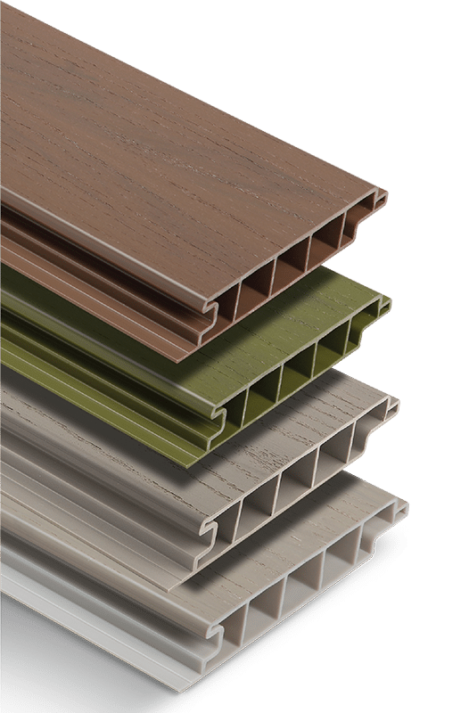 Premium EXCEL Polymer deck boards in Antique, Woodland Green, Driftwood and Tawny